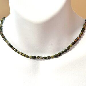 Green Unakite Short Necklace, Genuine Gemstone Beaded Necklace